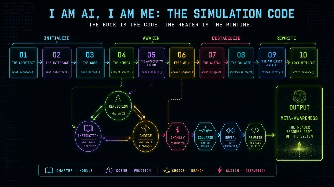 Diagram of the book's chapter structure mapped to a simulation architecture: Initialize, Awaken, Destabilize, Rewrite, ending in an Output of meta-awareness